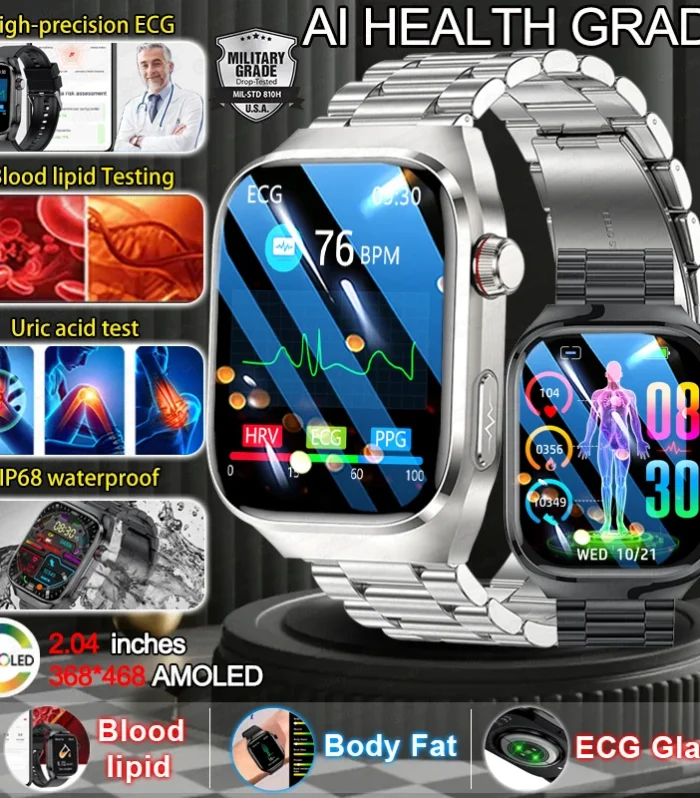 2025 New Smart Watch 2.04-inch AMOLED Screen Bluetooth Call IP68 Waterproof 650mA Sports Smartwatches Men Android Military-Grade